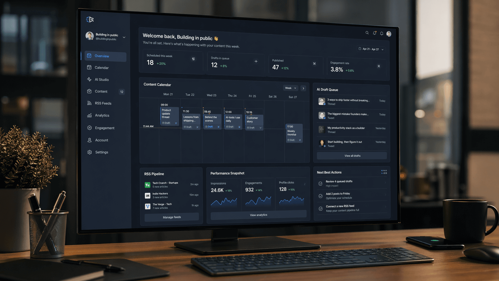 LONTSI dashboard with calendar, queue, analytics and RSS pipeline